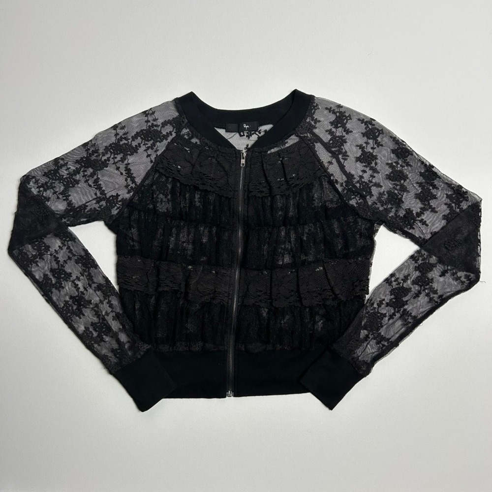 Black Sheer Lace Zip Up Top Ryu Women Cropped S Romantic Goth Victorian Witchy